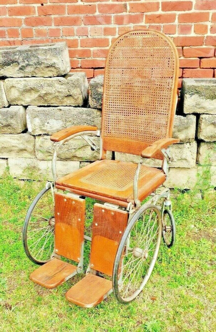 Antique Vintage Arrow 4 wheeled Wood Wicker Wheelchair Erie Penn.Ser No 31096