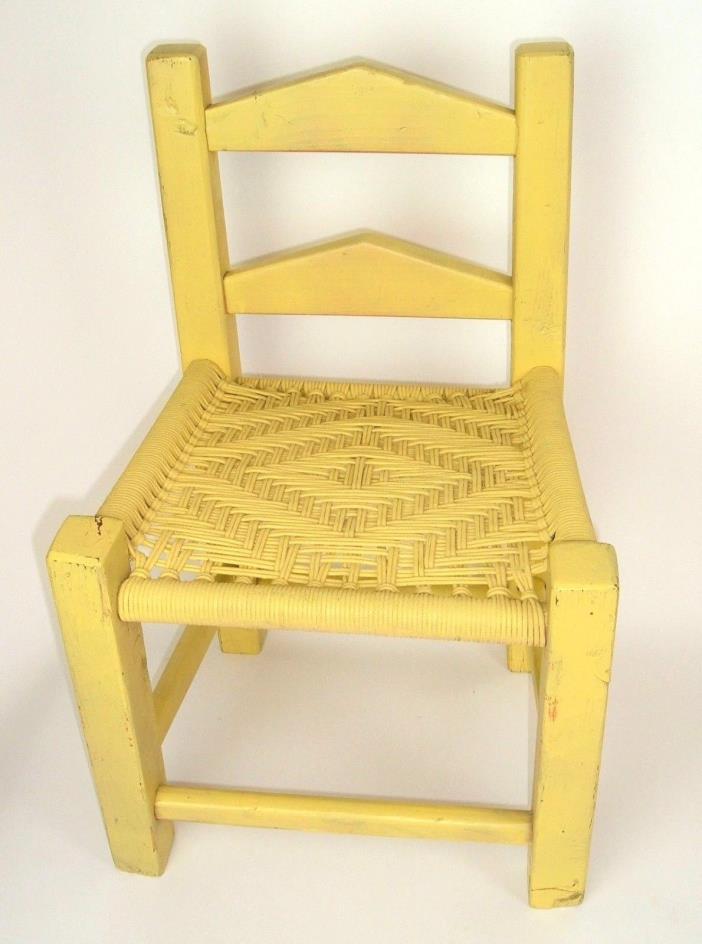 Vintage Childrens Childs Yellow wood Chair corded Woven Seat furniture for dolls