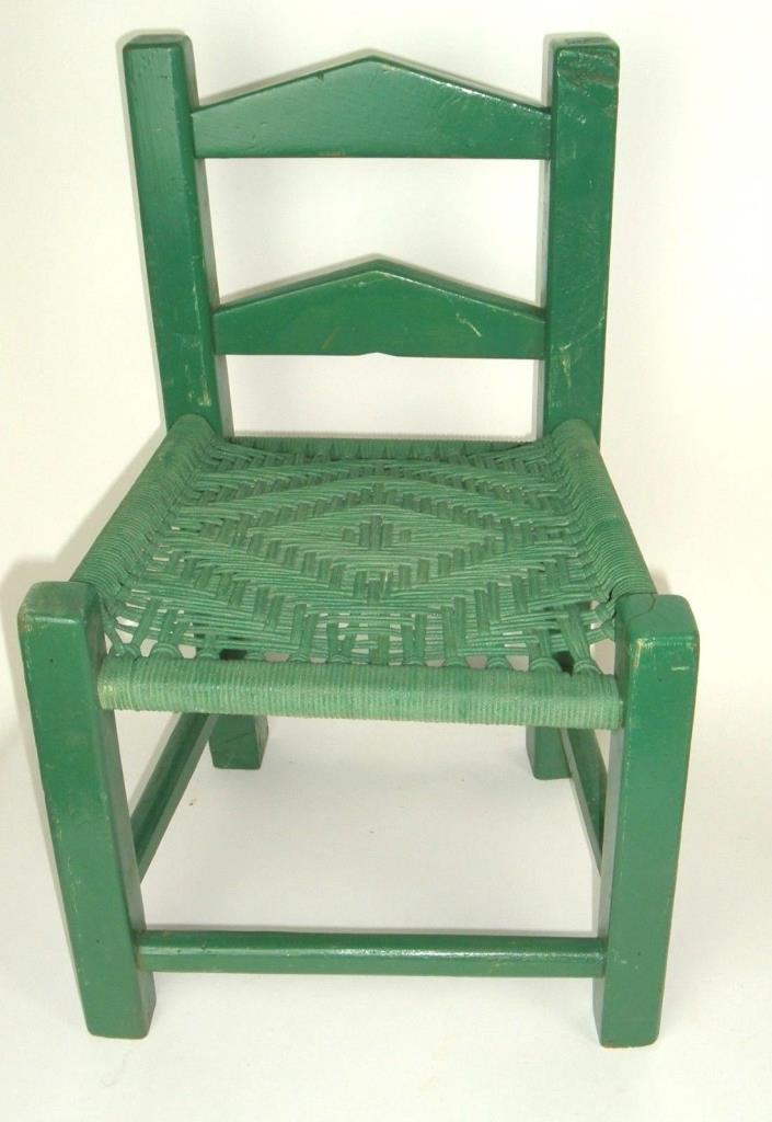 Vintage Childrens Childs Green wood Chair Corded Woven Seat Furniture for dolls