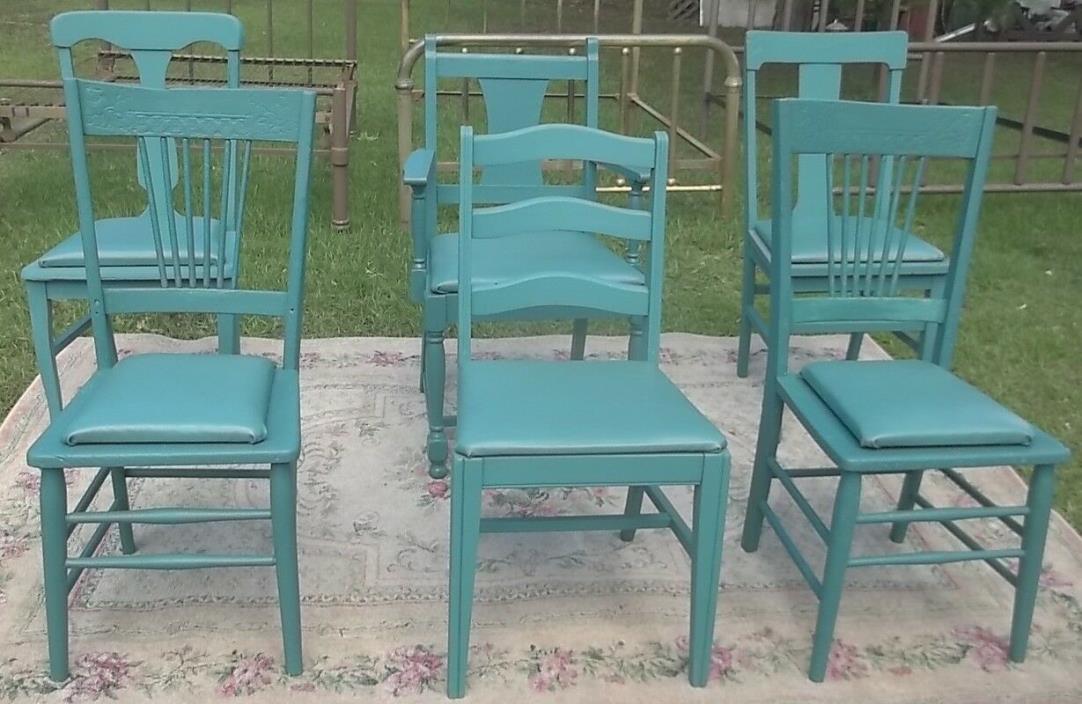 6 Eclectic Dining /Kitchen Country Farmhouse Chairs-Painted Teal Blue;New Seats