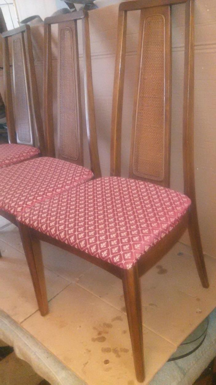 MID CENTURY DANISH MODERN STYLE HIGH BACK WALNUT DINING ROOM TABLE CANED CHAIRS