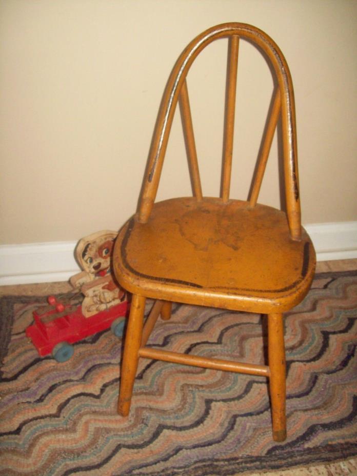 Vintage Small  Child's Chair Bentwood Mustard Colored Antique 21 in high