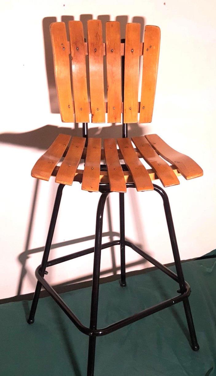 SWIVEL BAR STOOL MID CENTURY Vintage Wood Slat Arthur Umanoff Style