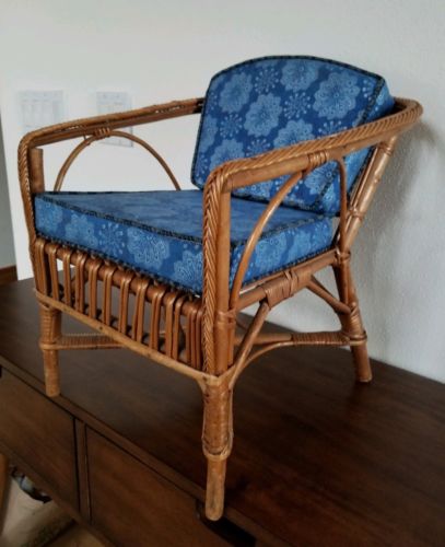 Vintage Mid-Century Modern/BOHO Wicker/Rattan/Bamboo Child Size Chair + Cushions
