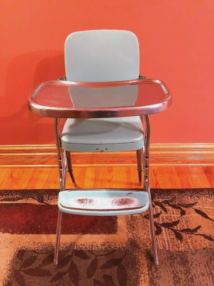 Vintage Antique TURQUOISE COSCO Baby Child's HIGH CHAIR Metal Vinyl Chrome 1950s