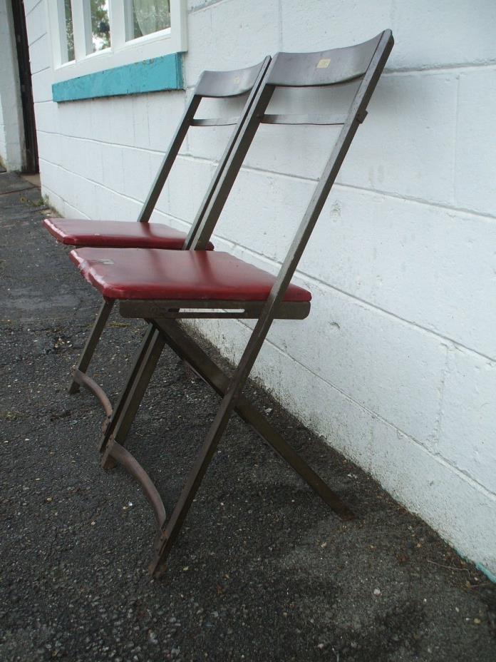 Pair Vintage Industrial Green Steel Folding Chairs  Steampunk