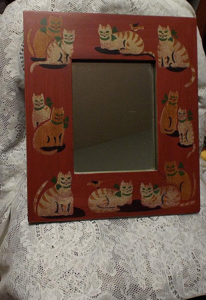 VINTAGE MIRROR w/ WOODEN FRAME. CATS,KITTENS.OLD. 15 1/2X13 1/2, FOLK. Pre-owned