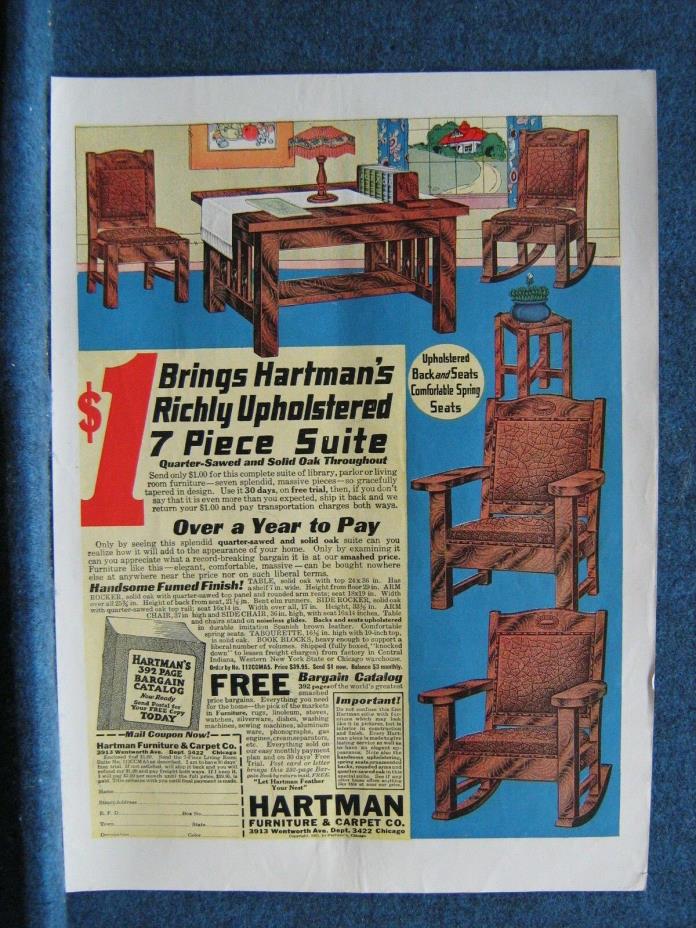 1921 Hartman Furniture Ad ~ 7 Piece Upholstered Solid Oak Suite- Typical 1920's
