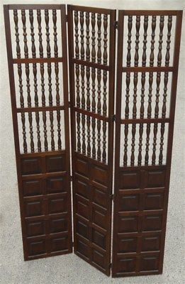 1960s 1970s MCM Mid Century Walnut Wood Spindle Folding Screen / Room Divider