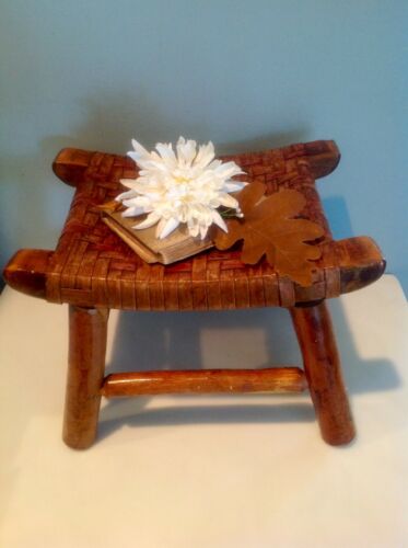 Vintage Flat Reed Woven Wood Footstool