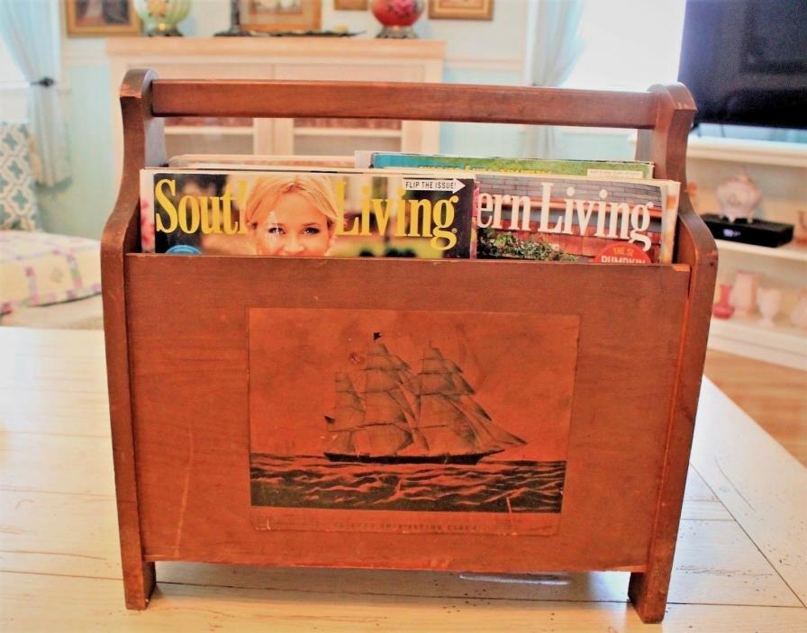 Vintage-Early-American-Primitive Wooden-Magazine-Rack-Holder