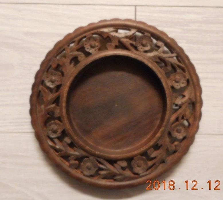 Vintage hand carved wood plant holder ornate cut out flowers and leaves