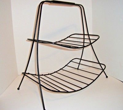 Mid Century Magazine Rack Black Metal Wood Handle Tiered Vintage  Wood Towels