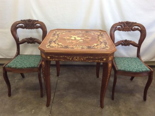 Vintage Italian Inlaid Wooden Card Table & Chairs-Roulette,Backgammon,Chess Game