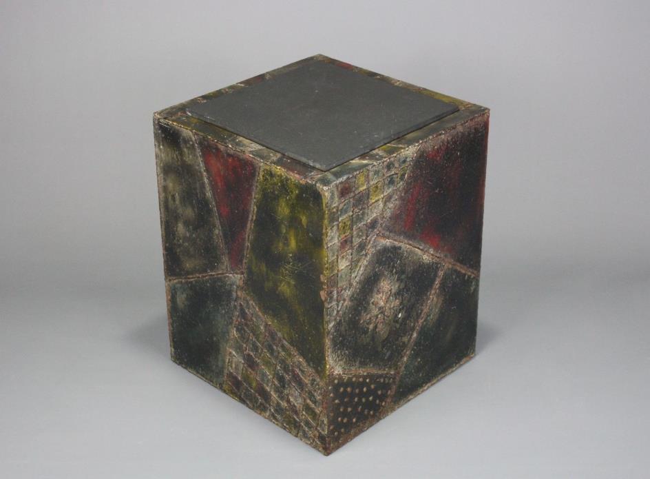 Original Paul Evans Sculpted Steel Brutalist Cube Table w/ Slate, Signed, 1967