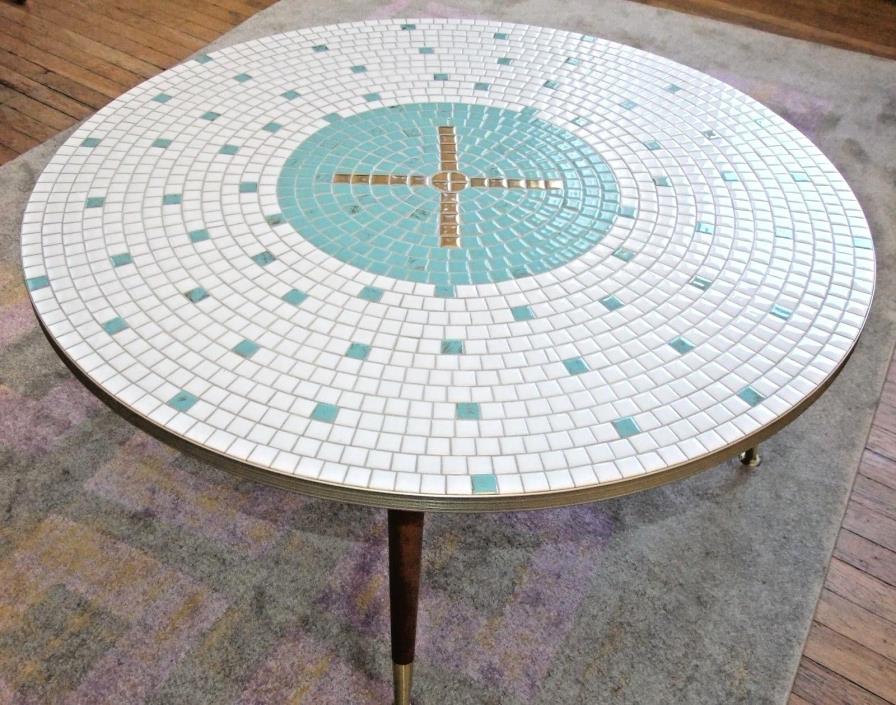 Mid Century Danish Modern Mosaic Tile Coffee Table, White/Turquoise, 36