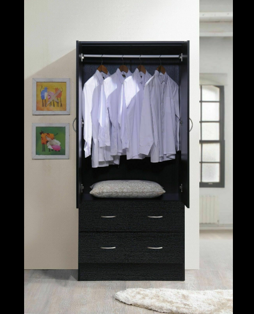 Wardrobe Cabinet 2 Door 2 Drawer Armoire Closet Organizer Clothes Storage Black