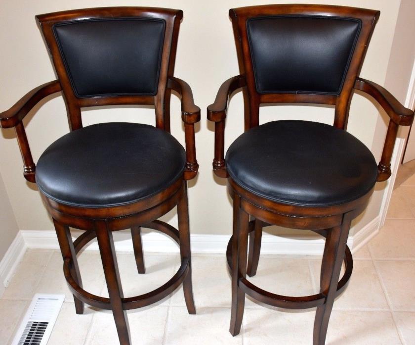 2 SWIVEL BAR STOOLS - Solid Wood Frame with Mahogany Stain - Black Leather Seat