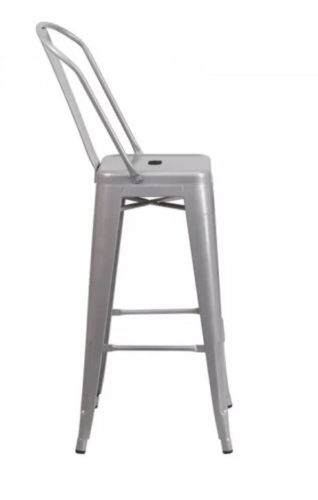 BARSTOOL SILVER Steel High Back Stackable Indoor-Outdoor Bar Footrest Retro New