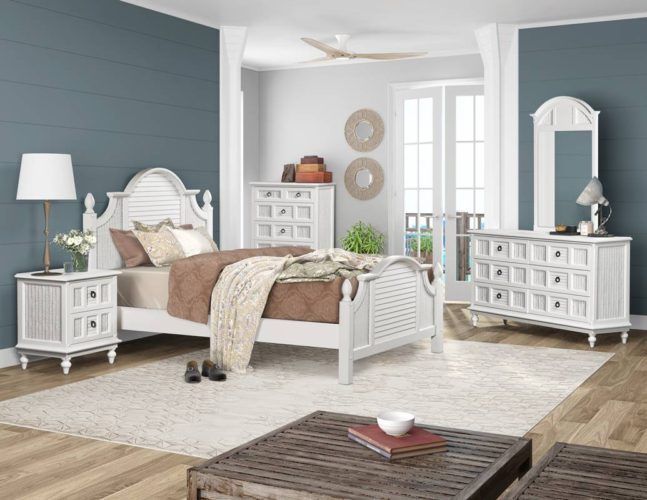 Bedroom Furniture King Bed White Wood Shutter Wicker Rattan Key West Style