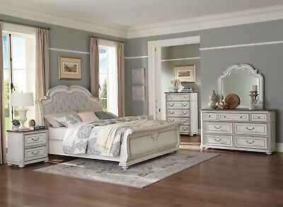 RENATA 5pcs Traditional Furniture Antique White & Brown King Sleigh Bedroom Set