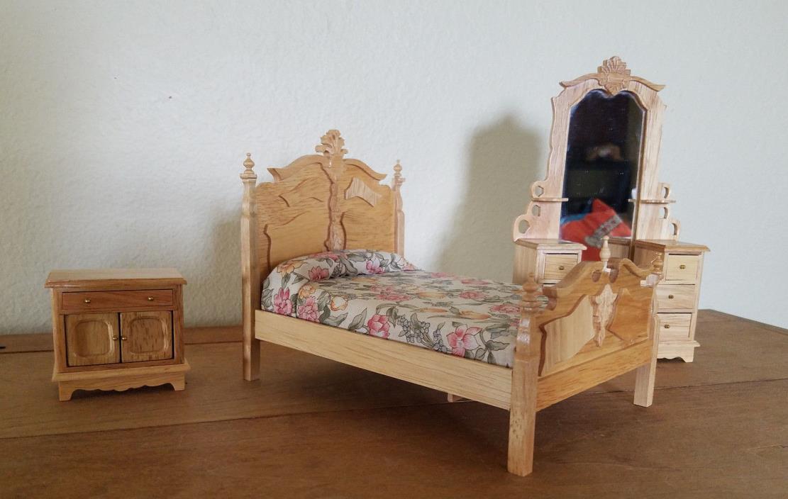 3 Piece Dollhouse Bedroom Set Queen Bed Oak Wood Vanity Style Dresser(15)