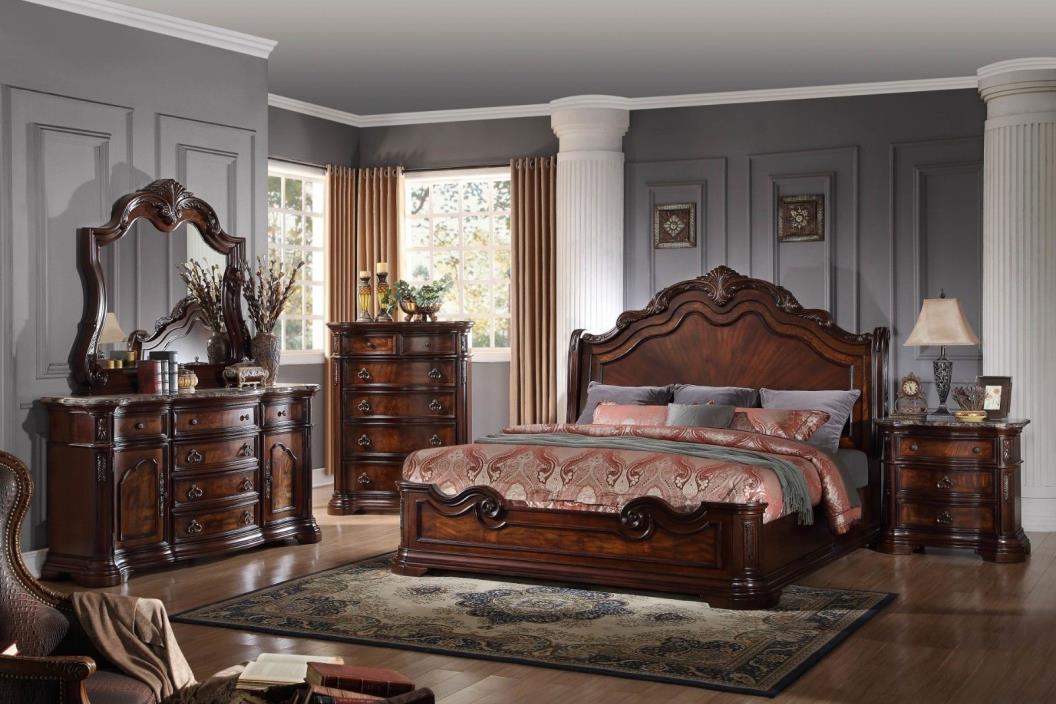 5PC Set Formal Ralph style King Size Bedroom set Wood Frame Walnut & Marble NEW