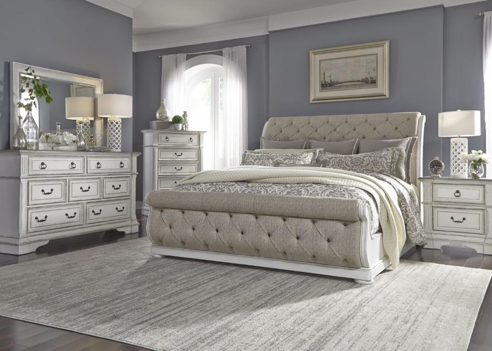 5 PC Antique White Upholstered Sleigh Bedroom Set Dresser & Mirror 2 Nightstands