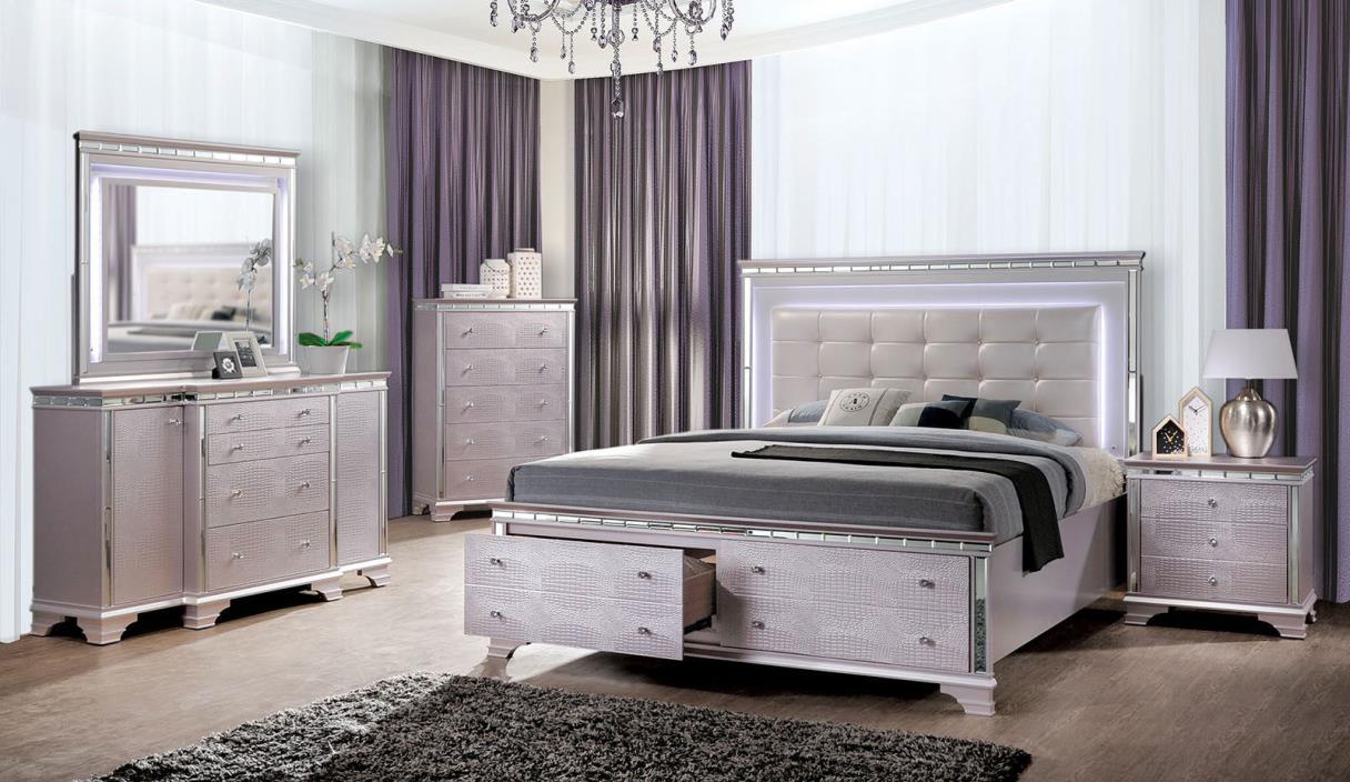 NEW Silver Rose Finish 5pcs Bedroom Set w/ King Size LED Panel Storage Bed ICAP