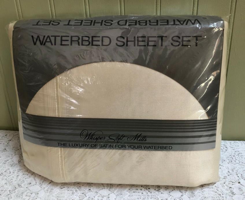 Vintage Beige Satin Waterbed King Sheet Set, Attached Top/Bottom Sheets - New