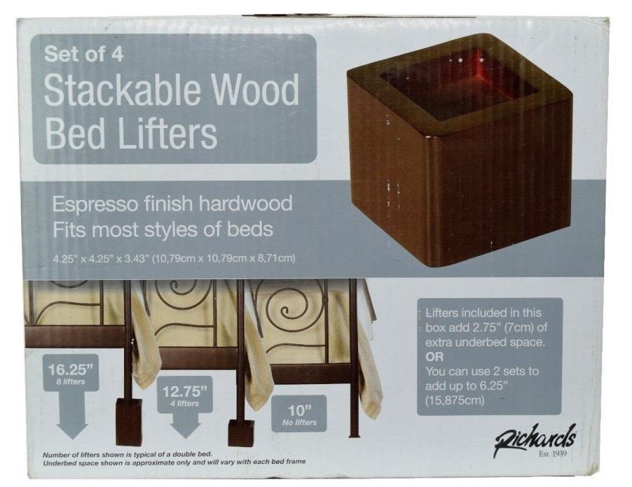 Set of 4 Richards Stackable Wood Bed Lifters Espresso Finish Hardwood