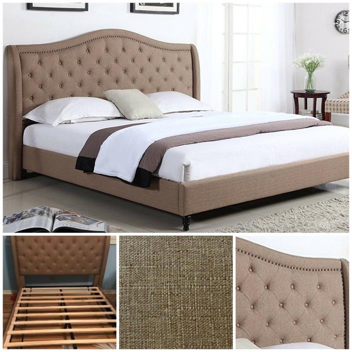 Platform Bed Wood Frame Slats Brown Linen Curved Headboard 53 Inches Tall King