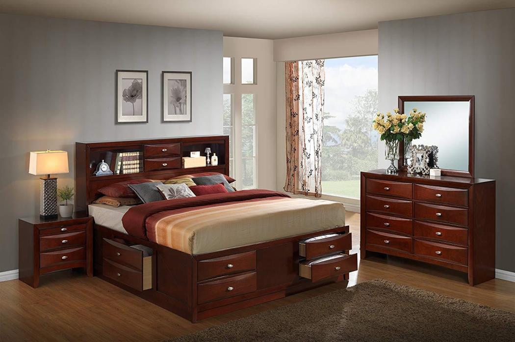 Roundhill Furniture Emily 111 Wood Storage Bed Group with King Bed, Dresser,
