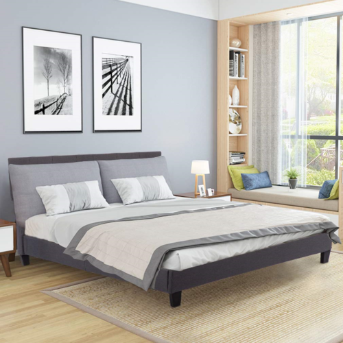 Upholstered Platform Bed Queen Panel Bed Frame Gray Linen Heavy Duty Metal Base