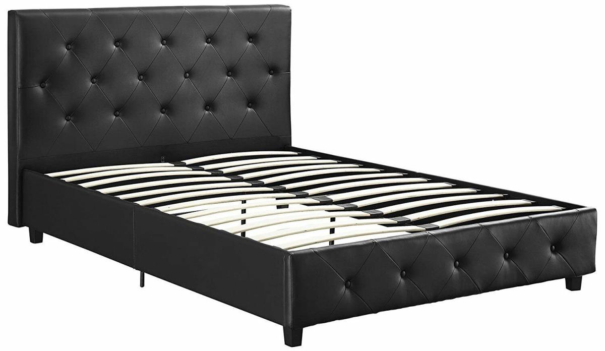 Queen Faux Black Leather Platform Bed w/ Tufted Padded Headboard and Rails NEW!