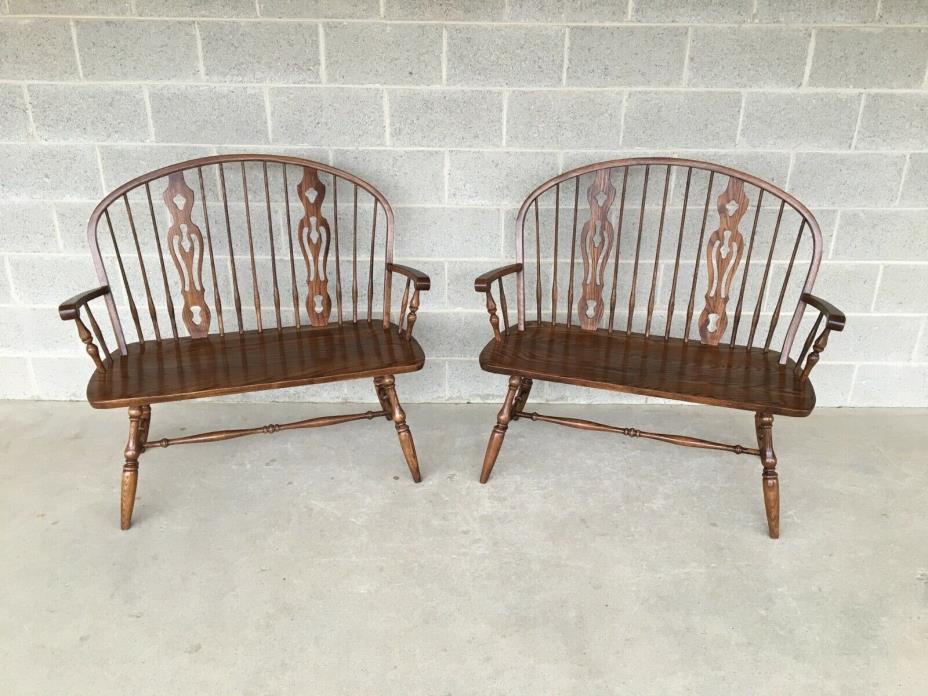 DINAIRE FURNITURE COLONIAL SOLID OAK DEACONS BENCHES - A PAIR