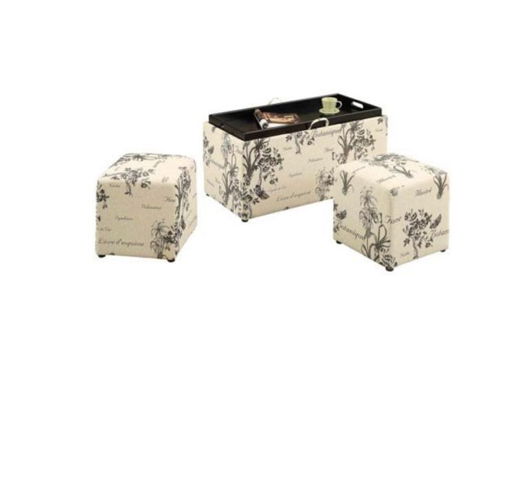 Botanical Cream Fabric Storage Bench 2 Side Ottomans Set Seat Tray Coffee Table