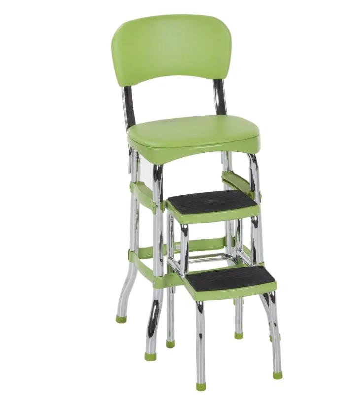 Green Folding Step Stool Kitchen Office Home Chair Back Retro 2 Platform Ladder