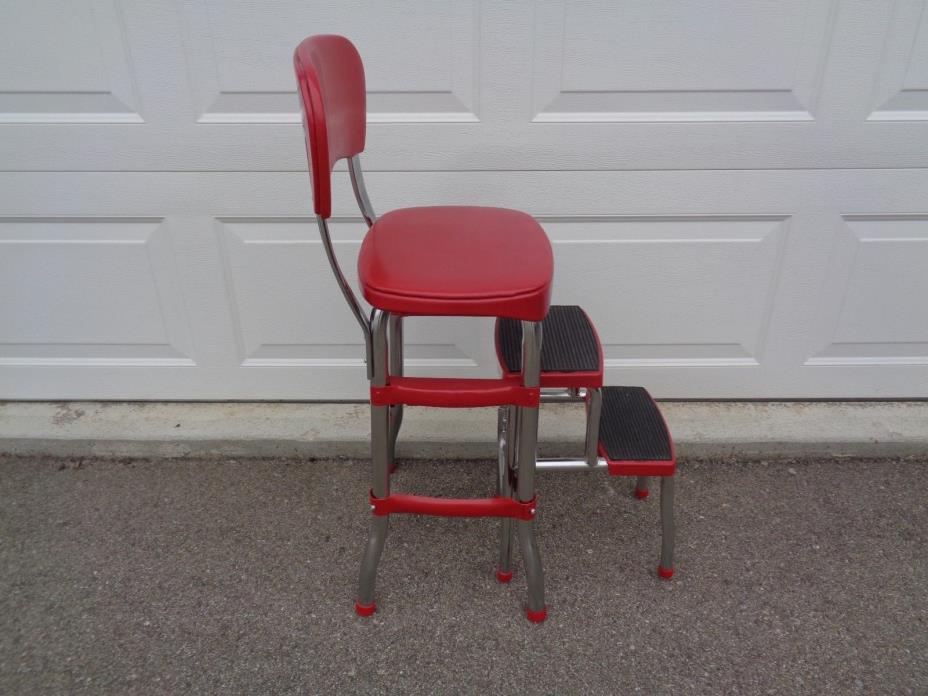 Red Cosco Step Stool Mid Century Modern Retro Style Excellent Cond Chrome