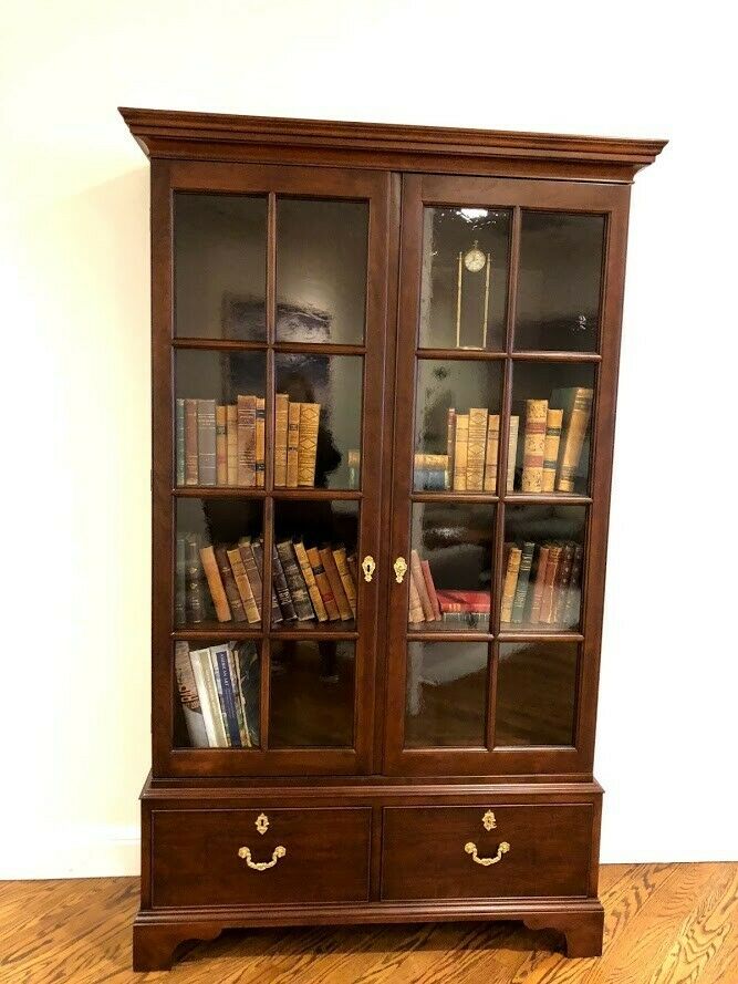 Stickley Bookcase - Tall Enclosed Glass Bookcase with 2 Drawers