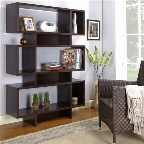 Modern 63-inch high Bookcase Geometric Display Shelf in Espresso Wood Finish