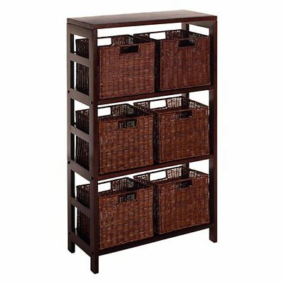 Winsome Leo 3-Shelf Wood Bookcase with 6 Small Baskets, Brown