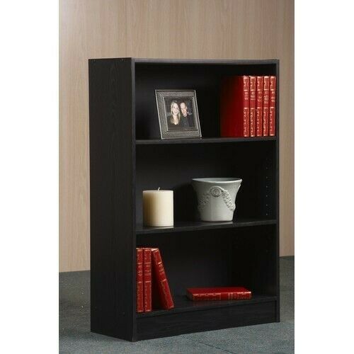 Wide Fixed Office Bookcase 3 Shelves Kick Plate Wooden Modern Classic Black Oak