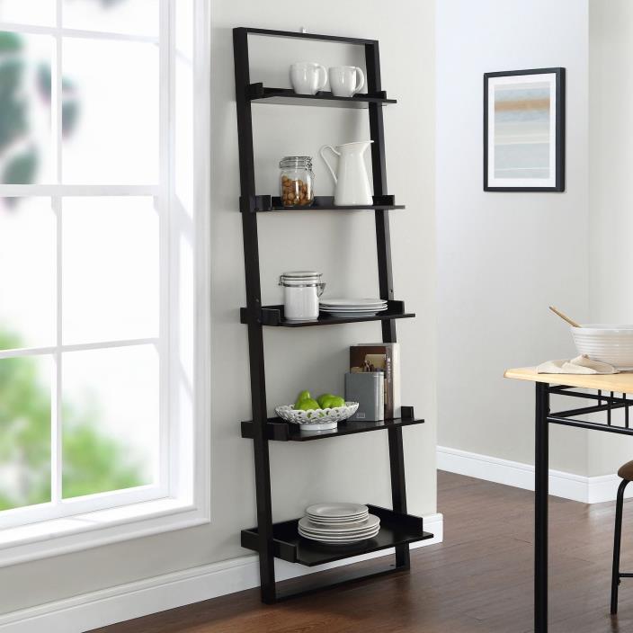 5 Shelf Leaning Ladder Bookcase Espresso BROWN WOOD COLLECTIBLES SHELF STORAGE