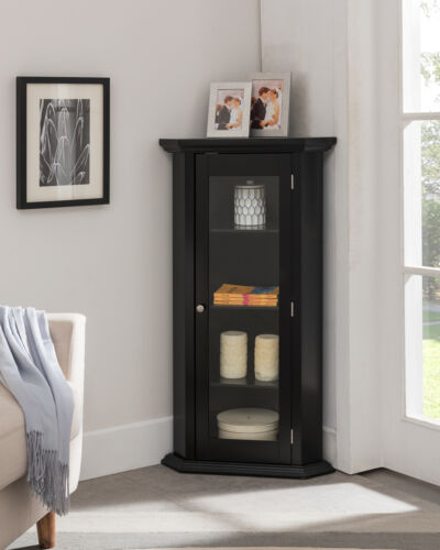 Kings Brand Furniture - Corner Curio Storage Cabinet with Glass Door, Black