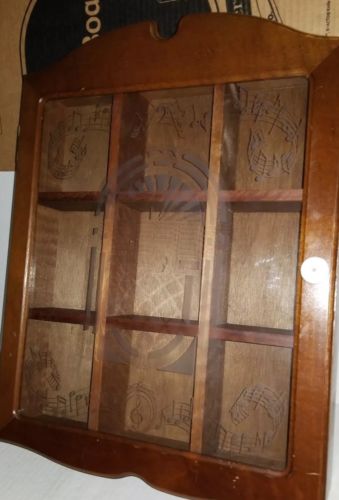 Vintage Wood Wall Curio Display Cabinet Trinket Case Holder Etched Glass Musical
