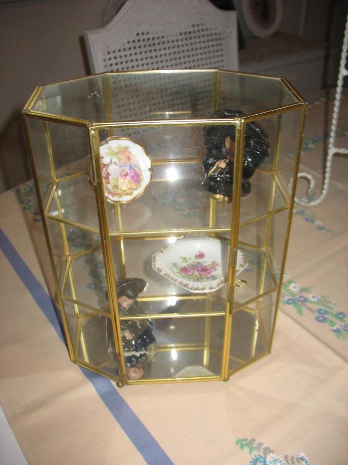 Glass Brass Mirrored Curio Display Cabinet Tabletop 3 Shelf Miniature 11 x 8 x 5