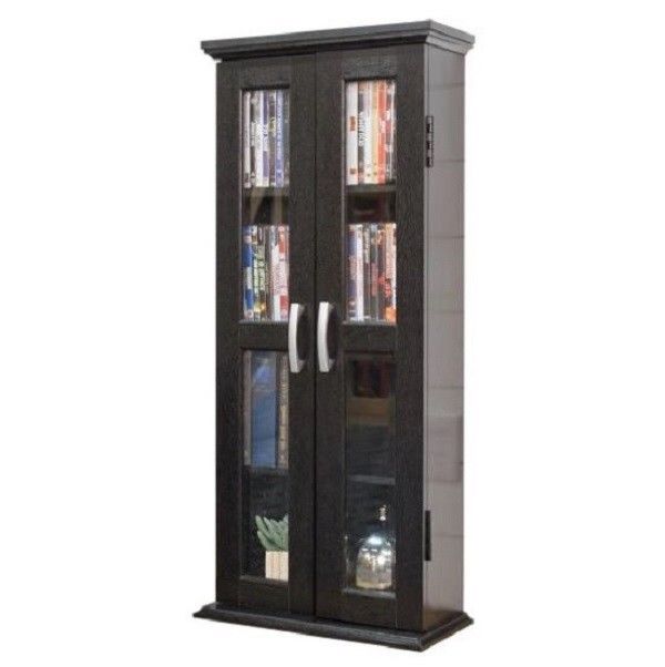 Media Storage Cabinet with Doors CD DVD Tower Video Game Organizer Bookcase