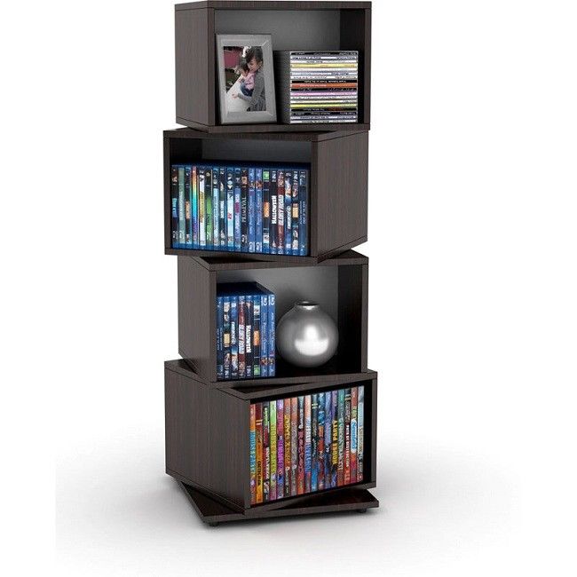 Storage Media Tower Cube Rotating Espresso Wood Grain Finish CD DVD Discs Modern