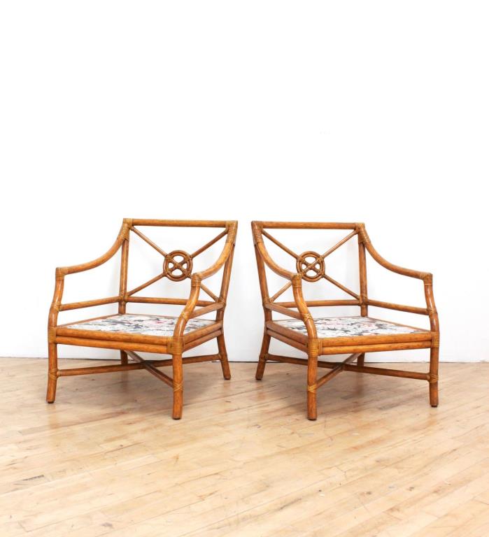 McGuire Rattan Target Back Lounge Chairs A-43, Bamboo Armchairs, Pair Accent